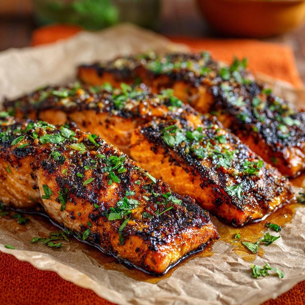 Glasierter Lachs mit Blackened-Kruste, nah aufgenommen und mit frischer Petersilie garniert, zeigt die würzige Kruste und saftige Textur.