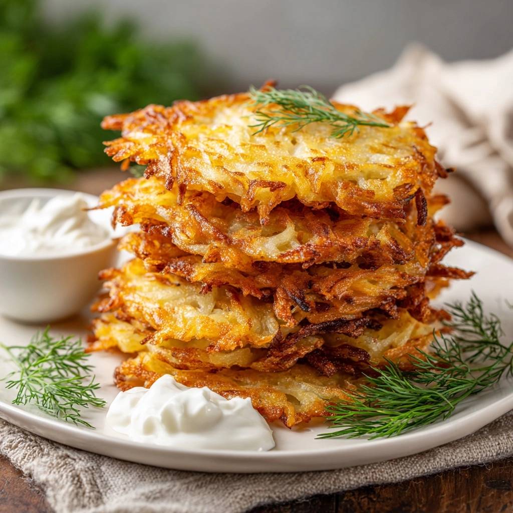 Goldbraune Kartoffelpuffer Gestapelt Mit Sour Cream 1 Goldbraune Kartoffelpuffer werden auf einem Teller mit Sour Cream und Dill garniert gestapelt, die Textur ist extrem knusprig.
