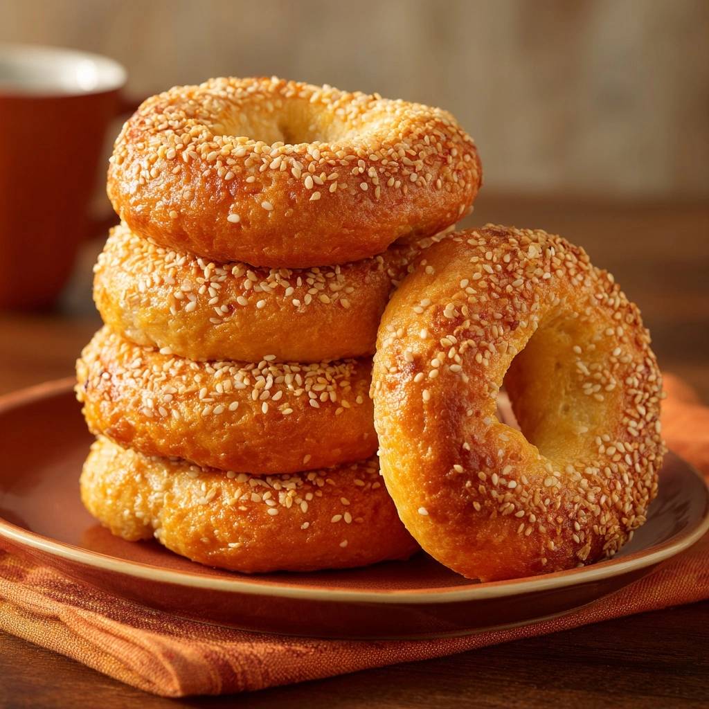 Goldbraune Sesam Bagels Stapel Mit Kaffeebecher 1 Goldbraune Sesam-Bagels: Ein Stapel knuspriger Bagels mit einem Hauch von Kaffee im Hintergrund, bereit zum Genuss.