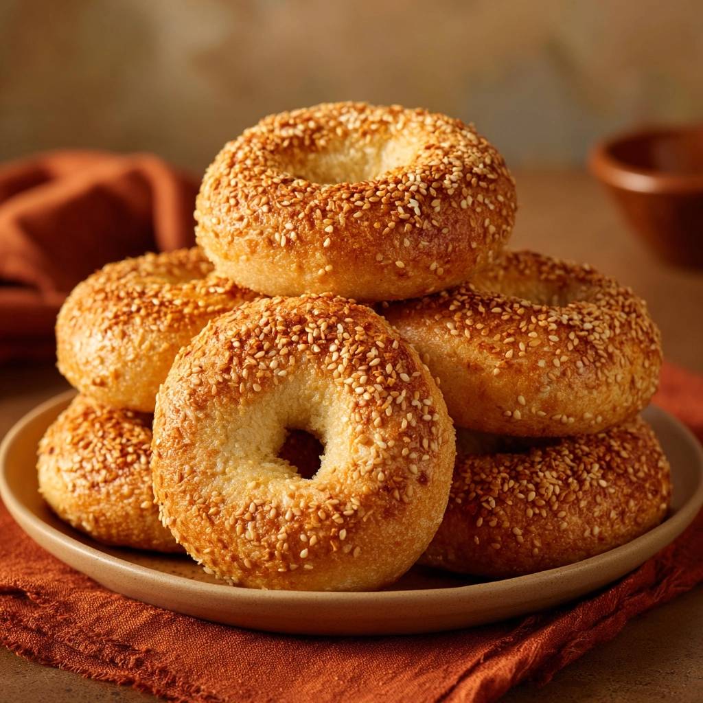 Goldbraune Sesam-Bagels: Außen knusprig, innen perfekt, gestapelt auf einem Teller mit braunem Tuch