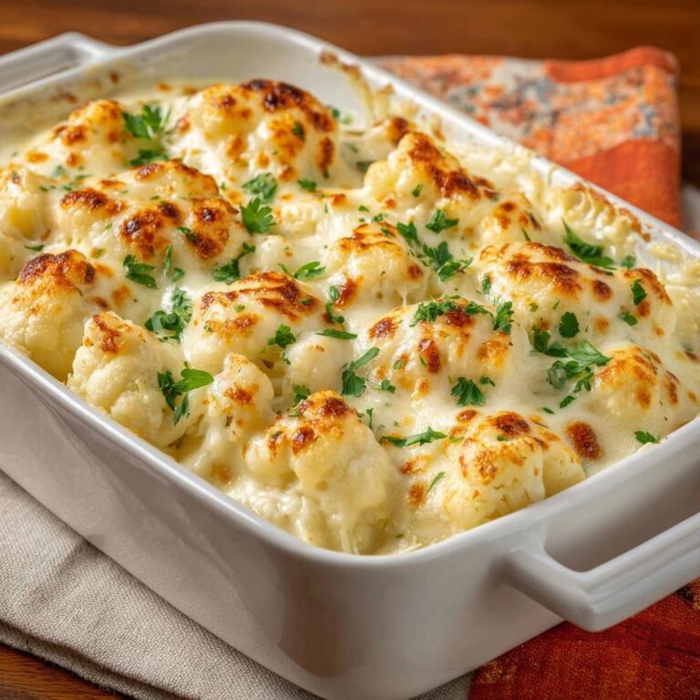 Goldbrauner Blumenkohl-Auflauf mit geschmolzenem Käse und frischer Petersilie garniert, nahaufnahme