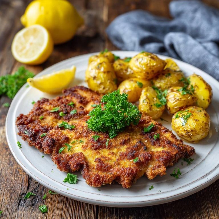 Goldbraunes Putenschnitzel mit Rosmarinkartoffeln, nah aufgenommen mit frischer Petersilie und Zitronenspalte auf einem Teller.