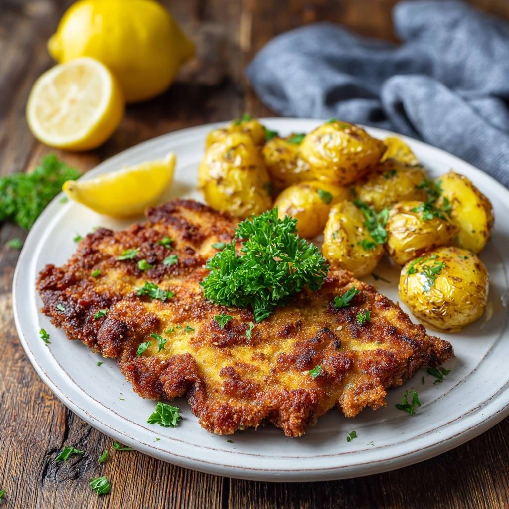 Goldbraunes Putenschnitzel mit Rosmarinkartoffeln, nah aufgenommen mit frischer Petersilie und Zitronenspalte auf einem Teller.