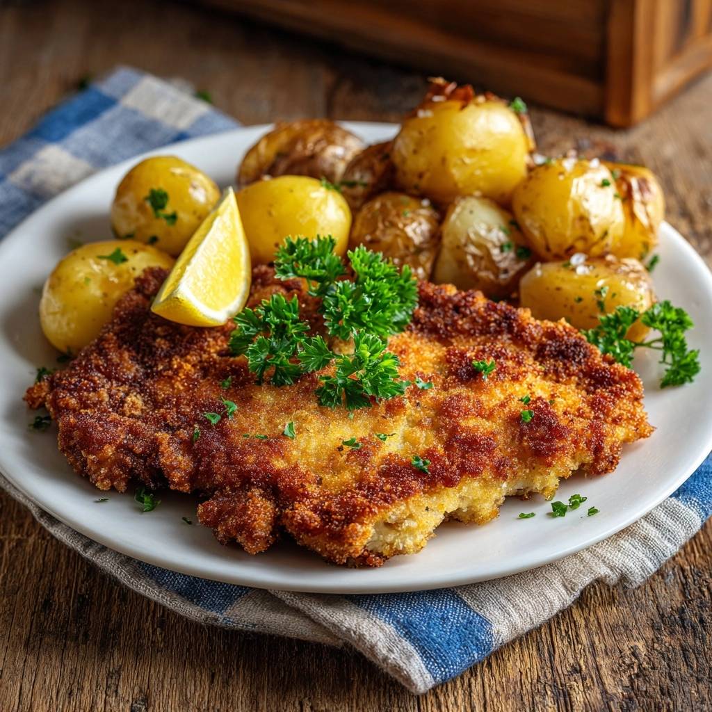 Goldbraunes Putenschnitzel mit Rosmarinkartoffeln, serviert auf einem Teller mit einer Zitronenspalte und frischer Petersilie garniert.