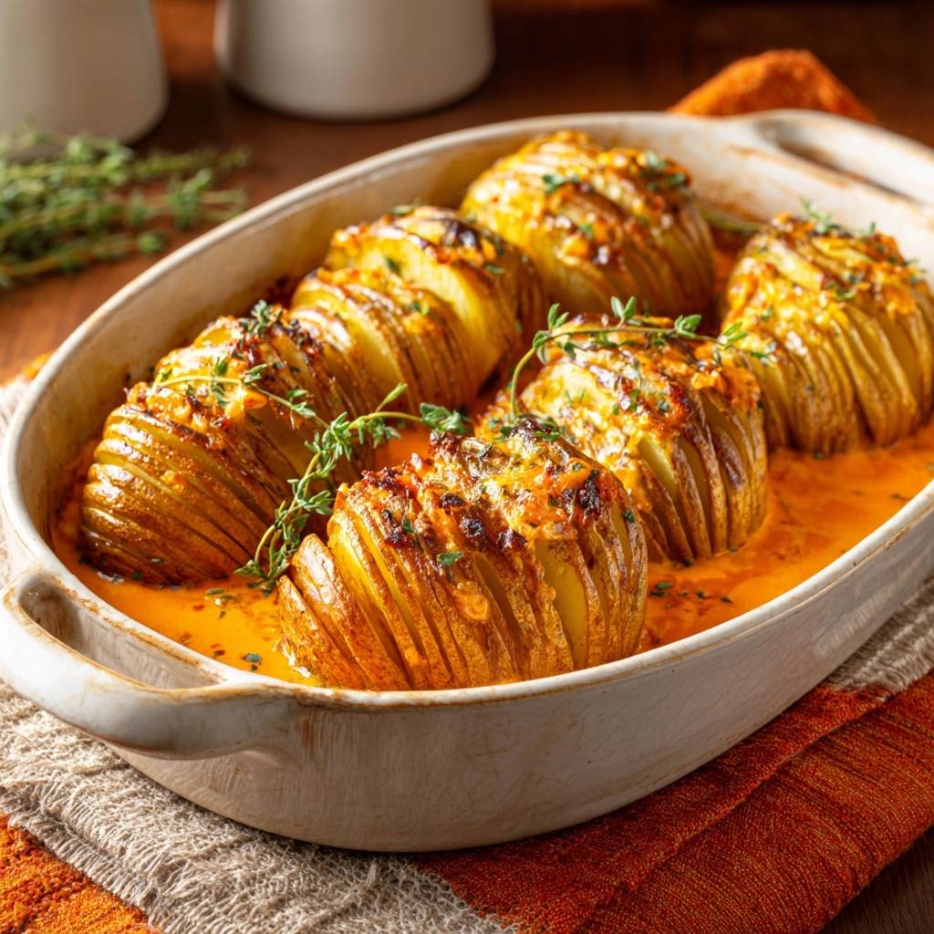 Goldene Hasselback-Kartoffeln in Knoblauch-Rahm, serviert in einer ovalen Form und mit frischen Kräutern garniert.