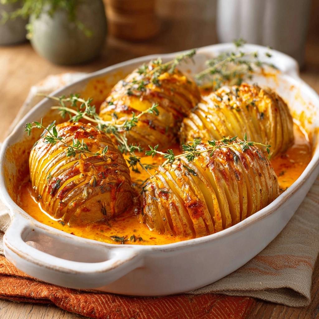 Goldene Hasselback-Kartoffeln in Knoblauch-Rahm, garniert mit frischem Thymian in einer Auflaufform