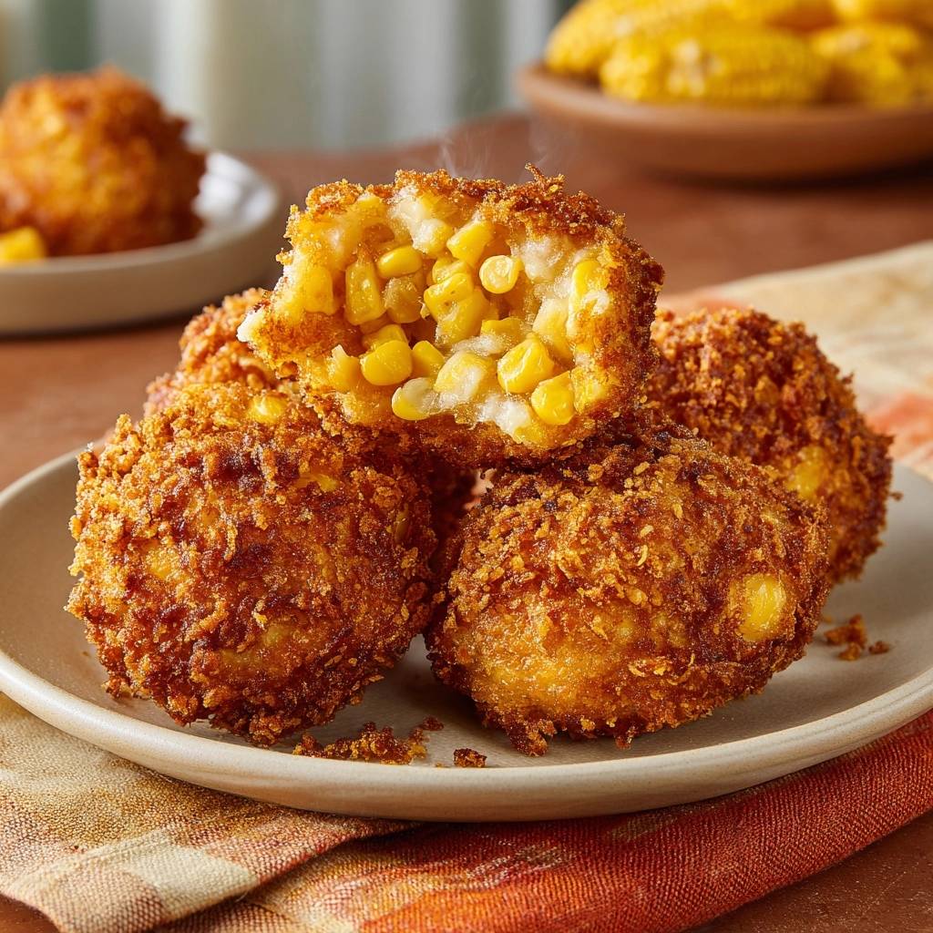 Goldene Mais-Kroketten, angeschnitten, zeigen den knusprigen panierten Außenbereich und das cremige Maisfüllung innen.