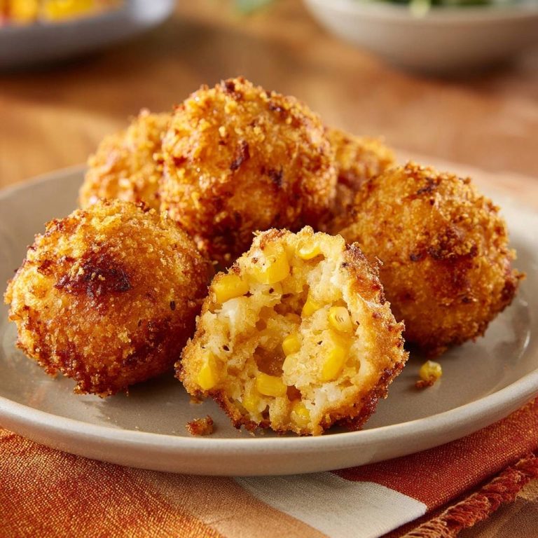 Goldene Mais-Kroketten, außen knusprig und innen cremig, mit einem angeschnittenen Exemplar, das die Maiskörner zeigt.