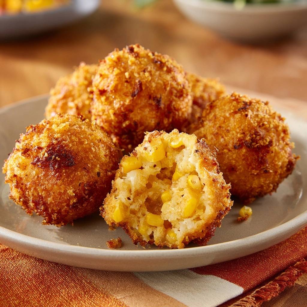 Goldene Mais-Kroketten, außen knusprig und innen cremig, mit einem angeschnittenen Exemplar, das die Maiskörner zeigt.