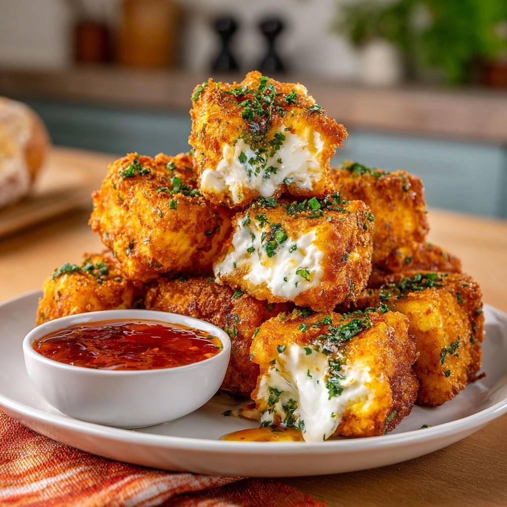 Goldene Mozzarella Wuerfel Innenansicht 1 Goldene Mozzarella-Würfel: Außen knusprig, innen flüssig, mit einem Anschnitt, der den geschmolzenen Käse zeigt.