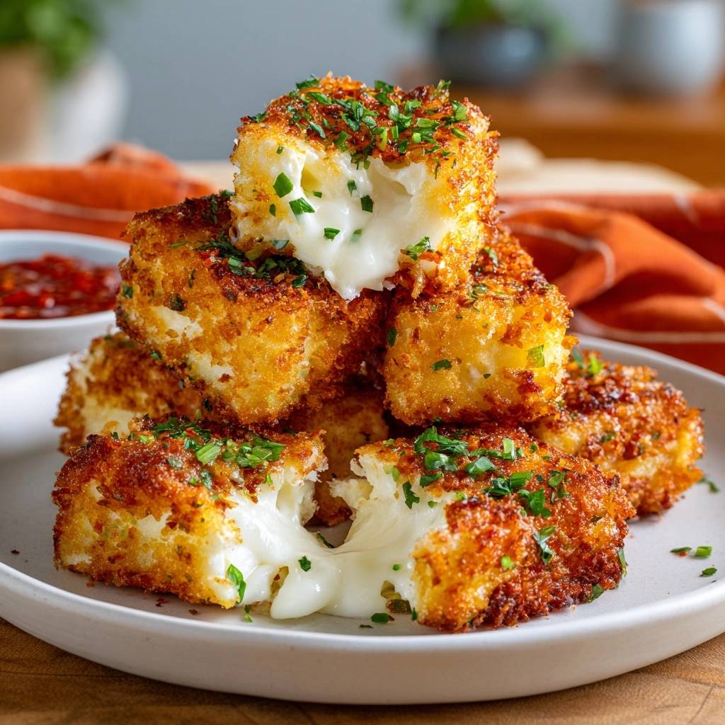Goldene Mozzarella-Würfel: Ein knusprig panierter Würfel zeigt seinen flüssigen, geschmolzenen Kern.