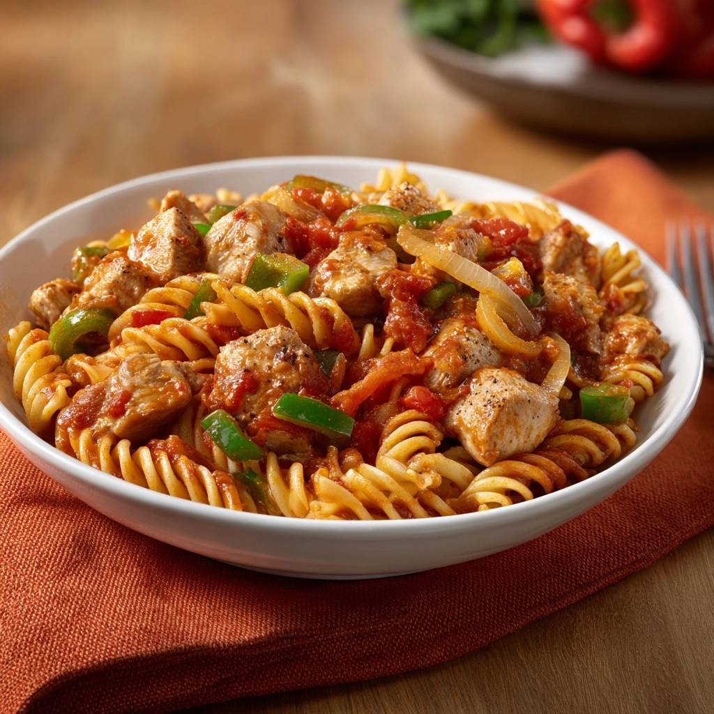 Herzhafte Hähnchen-Pasta mit Paprika, nahaufnahme der spiralförmigen Nudeln mit Hähnchenstücken und Gemüsesauce.