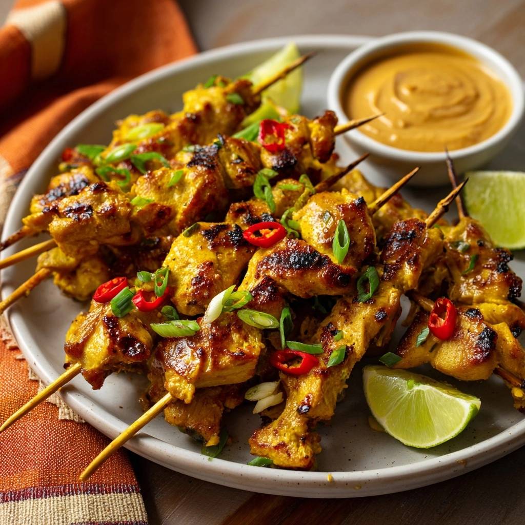Saftige Hähnchen Satay Spieße, garniert mit roten Chilischeiben, Frühlingszwiebeln und Limettenspalten auf einem Teller.