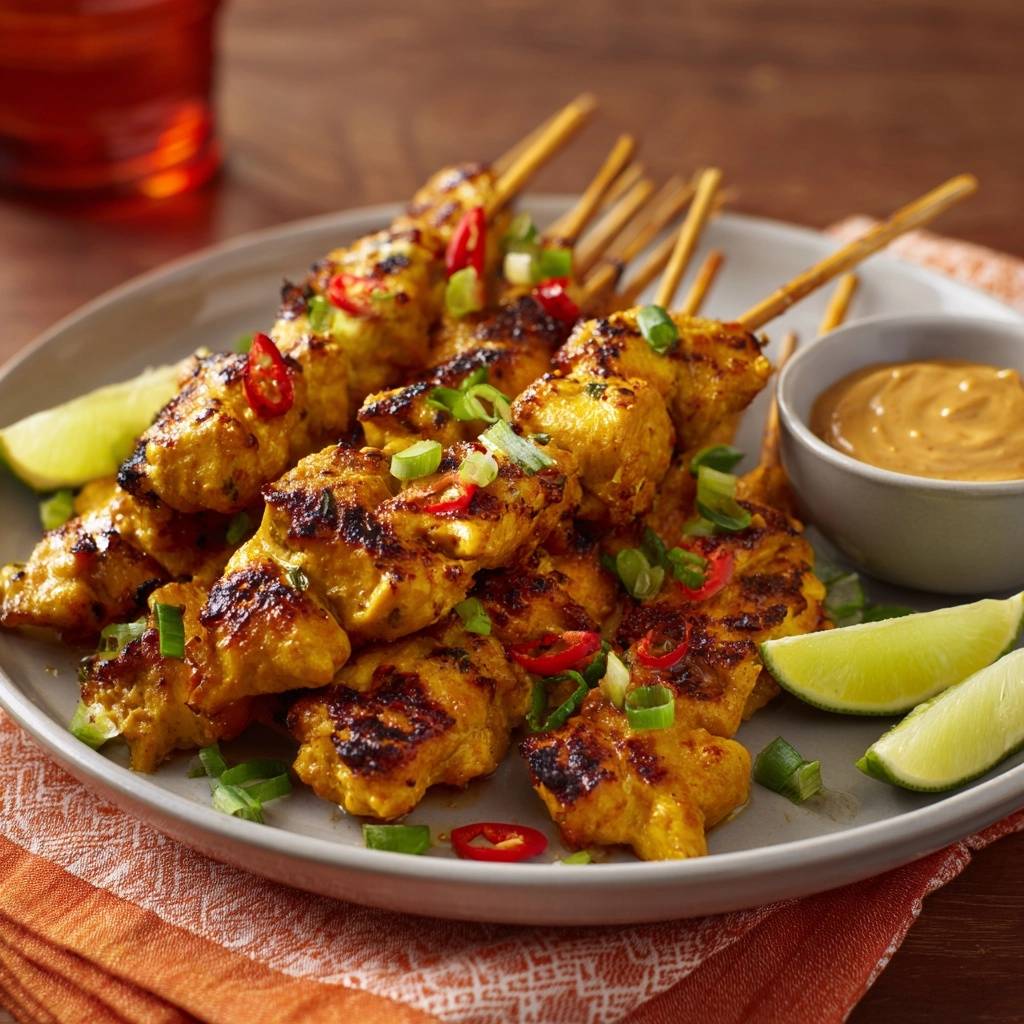 Hahnchen Satay Spiee Mit Dip Und Limette 1 Saftige Hähnchen Satay Spieße mit Erdnussdip, garniert mit Frühlingszwiebeln, Chili und serviert mit Limettenspalten.