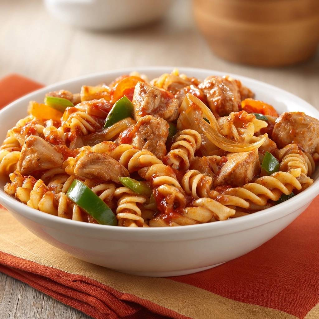Herzh Pasta Paprika Nahaufnahme Schuessel 1 Herzhafte Hähnchen-Pasta mit Paprika in einer weißen Schüssel, Nahaufnahme mit viel Sauce und Spiralnudeln.