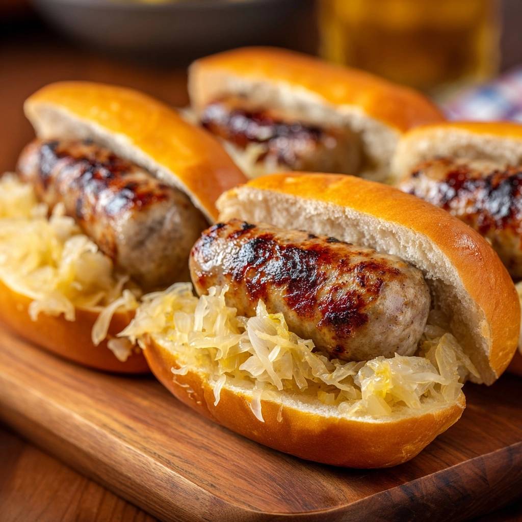 Herzhafte Bratwurst-Semmeln mit Sauerkraut, nahaufnahme einer einzelnen servierten Bratwurst im Brötchen mit Sauerkraut auf einem Holzbrett