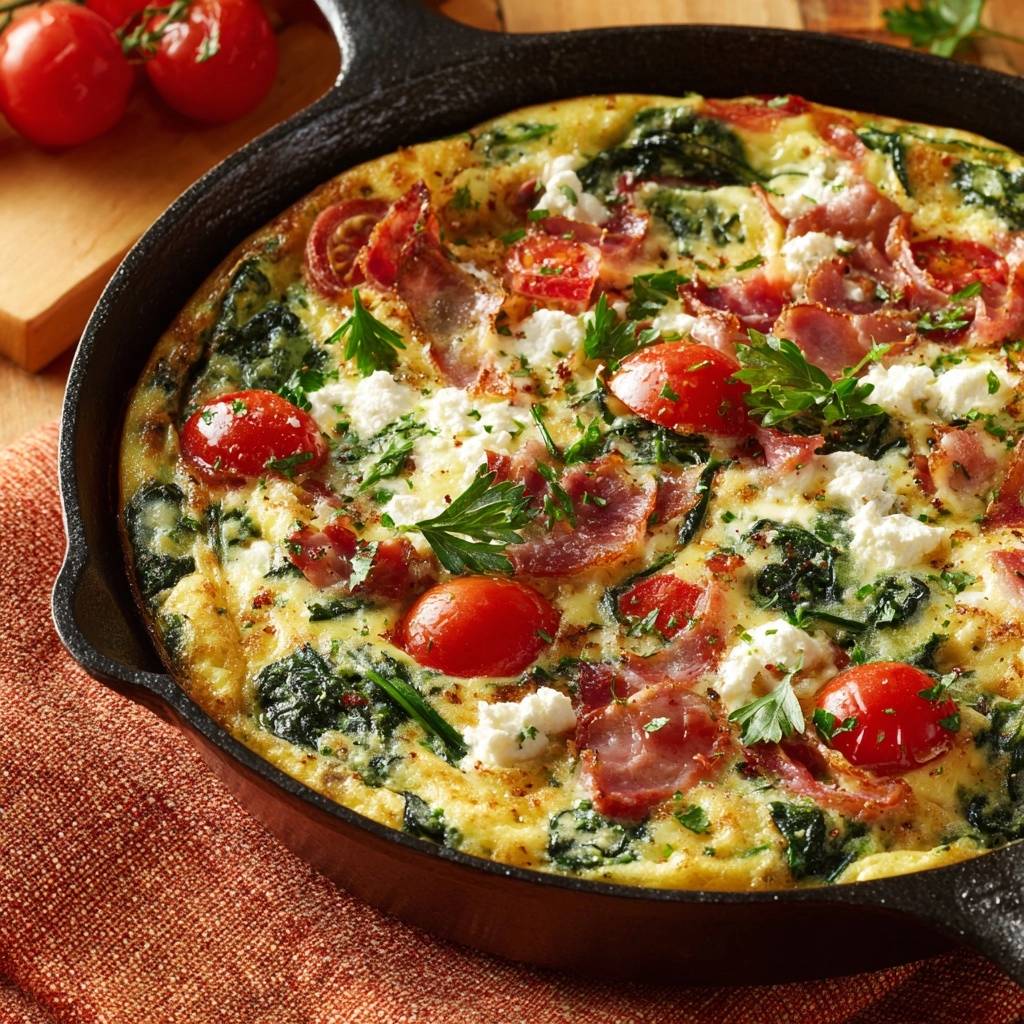 Herzhafte Pfannen-Frittata mit Speck und Spinat, eine Nahaufnahme mit sichtbaren Kirschtomaten und Ziegenkäse-Stückchen.