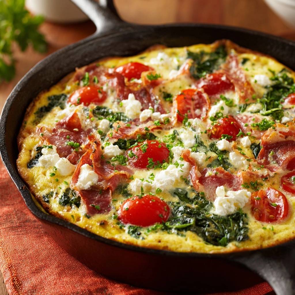 Herzhafte Pfannen Frittata Nahaufnahme Garniert 1 Herzhafte Pfannen-Frittata mit Speck und Spinat, nahaufnahme der garnierten Oberfläche mit Kirschtomaten und Ziegenkäse.