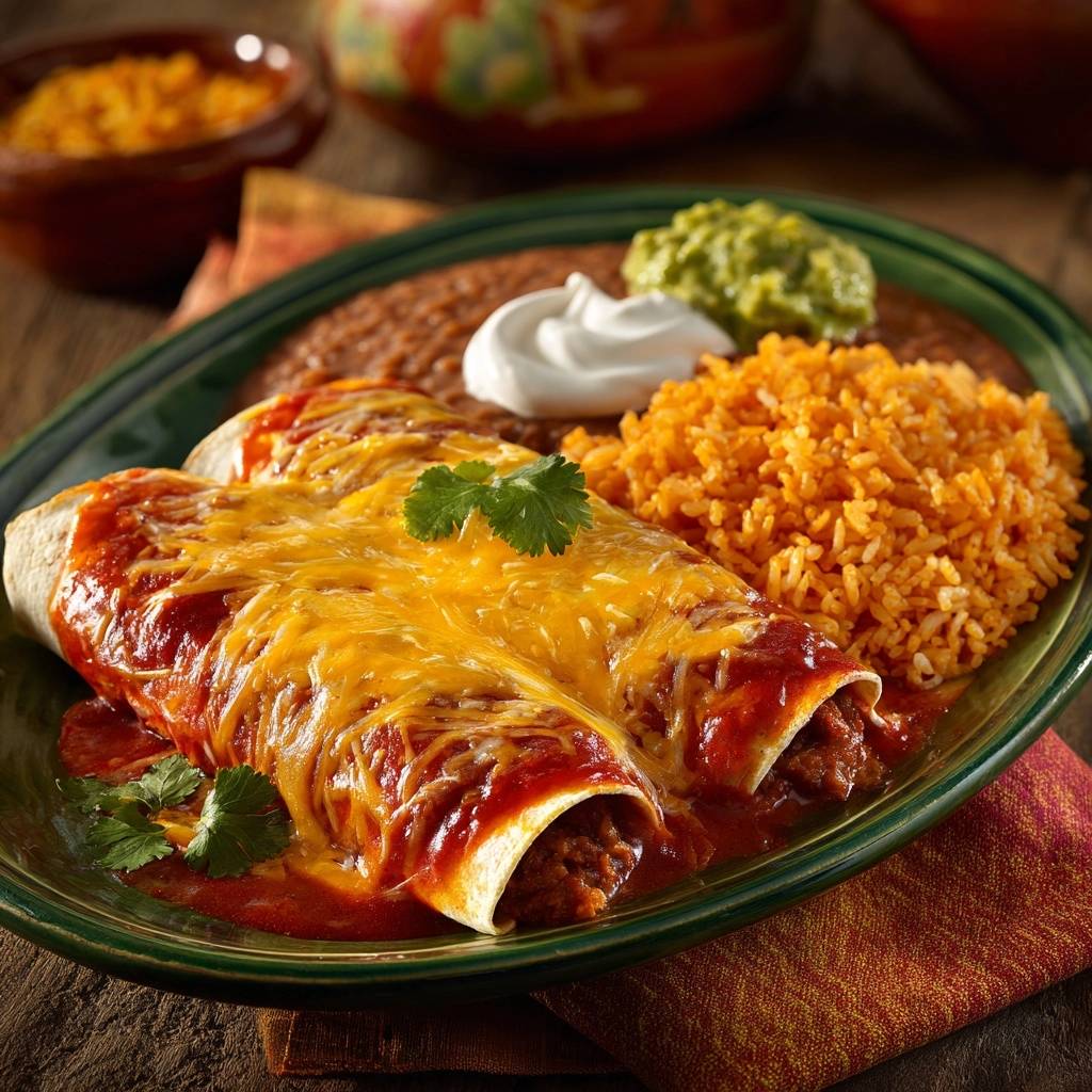 Herzhafte Rindfleisch Enchiladas mit geschmolzenem Käse und Beilagen auf einem Teller, Nahaufnahme