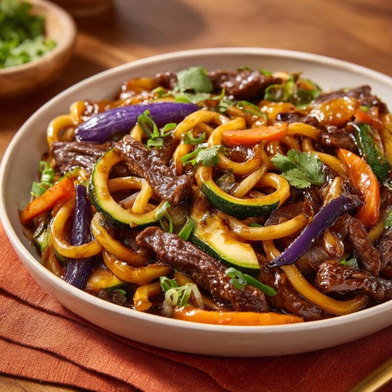 Herzhafte Rindfleisch-Udon-Pfanne mit Zucchini, Karotten und lila Aubergine, Nahaufnahme der Zutaten in der Schüssel.