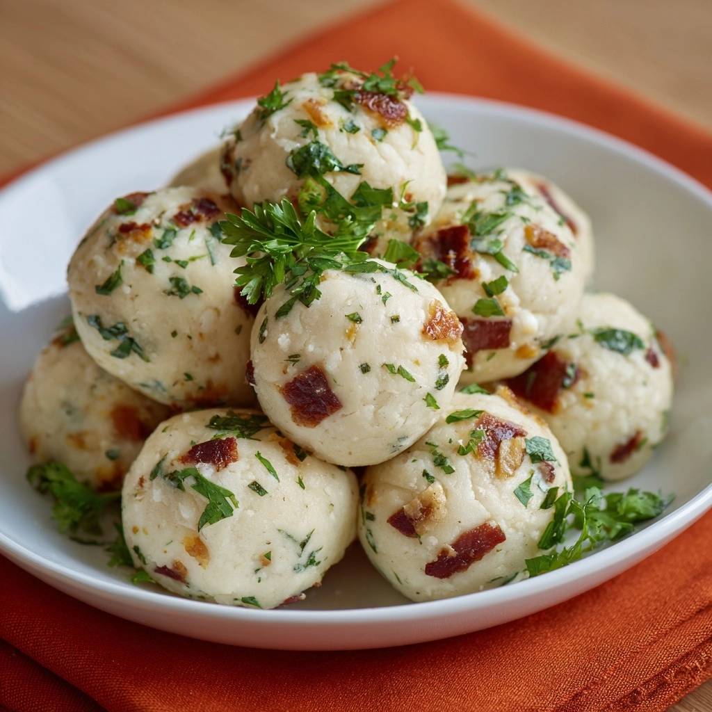 Herzhafte Speck-Kräuter-Knödel als Nahaufnahme mit frischer Petersilie und Speckwürfeln garniert.
