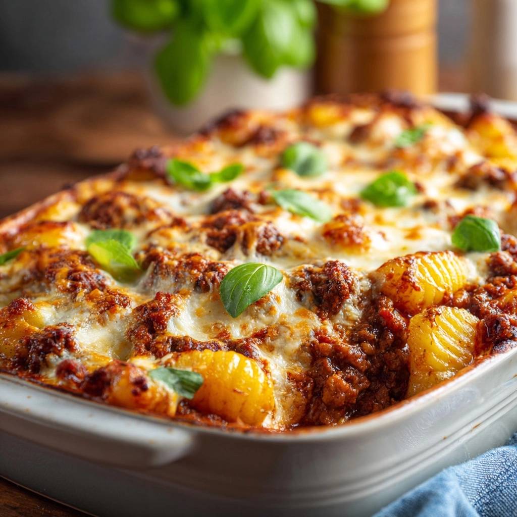 Herzhafter Gnocchi Auflauf Bolognese Detail Garniert 1 Herzhafter Gnocchi-Auflauf Bolognese mit geschmolzenem Käse und frischem Basilikum, Nahaufnahme der Textur.