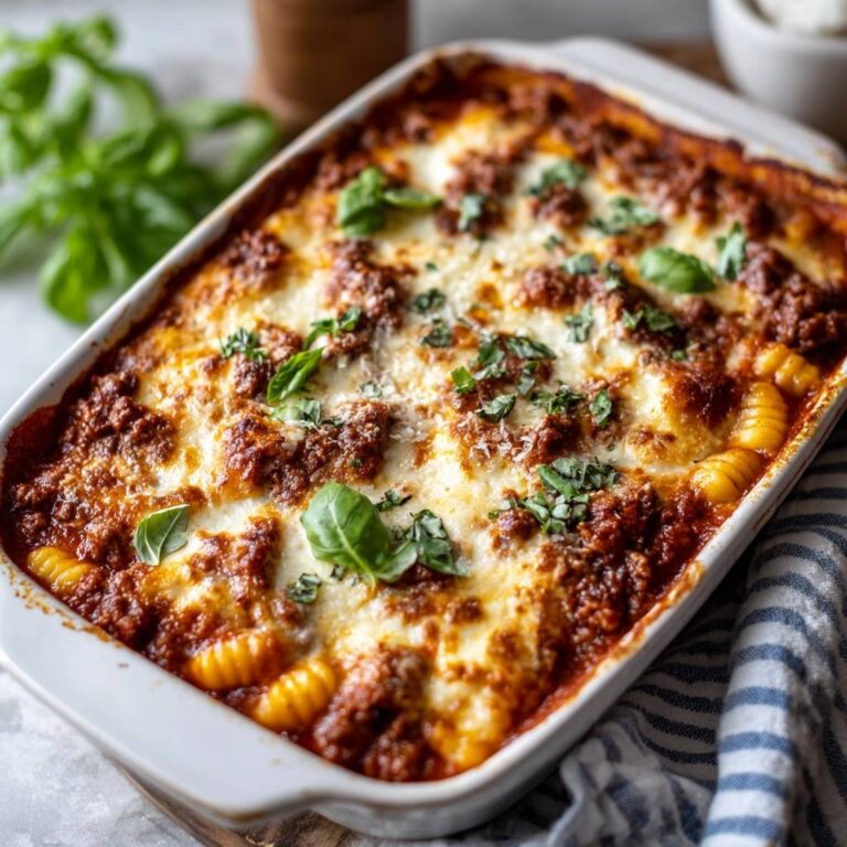 Herzhafter Gnocchi-Auflauf Bolognese, frisch aus dem Ofen und mit Basilikum garniert, in einer weißen Auflaufform serviert.