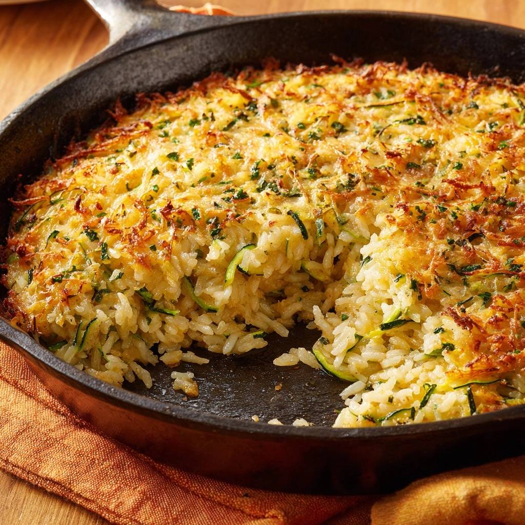 Herzhafter Zucchini-Reis-Auflauf im Gusseisen-Pfanne angeschnitten, mit goldbrauner Käsekruste und frischen Kräutern garniert.