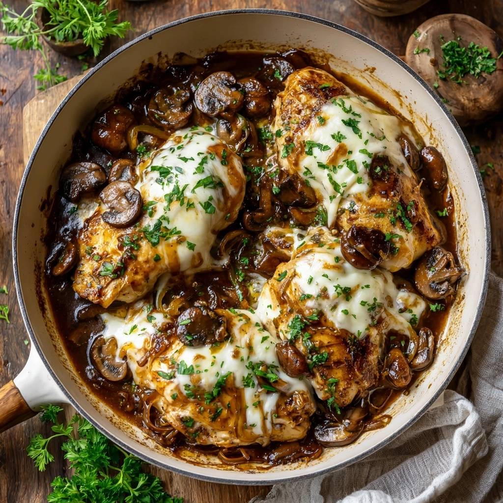 Herzhaftes Pilz-Rahm-Hähnchen mit geschmolzenem Käse und Pilzen in einer Pfanne von oben betrachtet.
