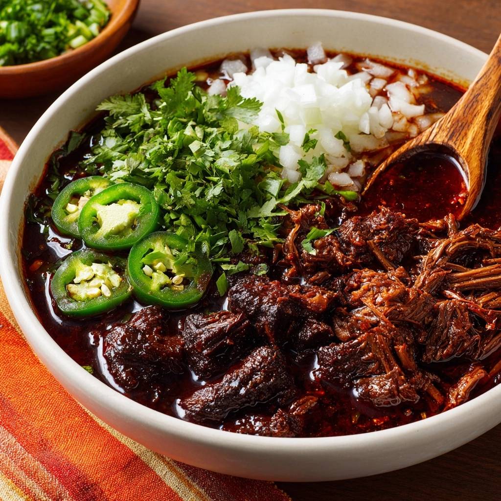 Herzhaftes Rinder-Birria mit frischer Garnitur aus Zwiebeln, Koriander und Jalapeños in einer Schüssel.