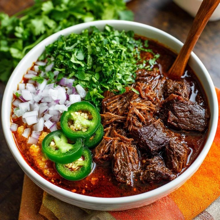 Herzhaftes Rinder-Birria mit detaillierter Garnitur aus frischem Koriander, roten Zwiebeln und Jalapeño-Scheiben.