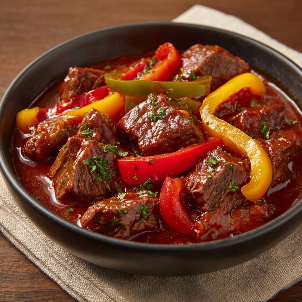 Herzhaftes Rinder Gulasch Nahaufnahme Mit Paprika 1 Herzhaftes Rinder-Gulasch mit Paprika, eine Nahaufnahme mit saftigen Rindfleischstücken und bunten Paprikastreifen in einer würzigen Sauce.