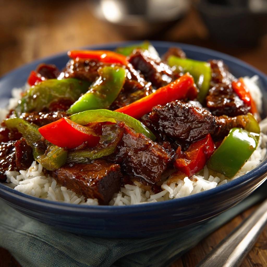 Herzhaftes Rindfleisch-Stir-Fry mit roten und grünen Paprikastreifen, serviert auf Reis in einer blauen Schüssel.