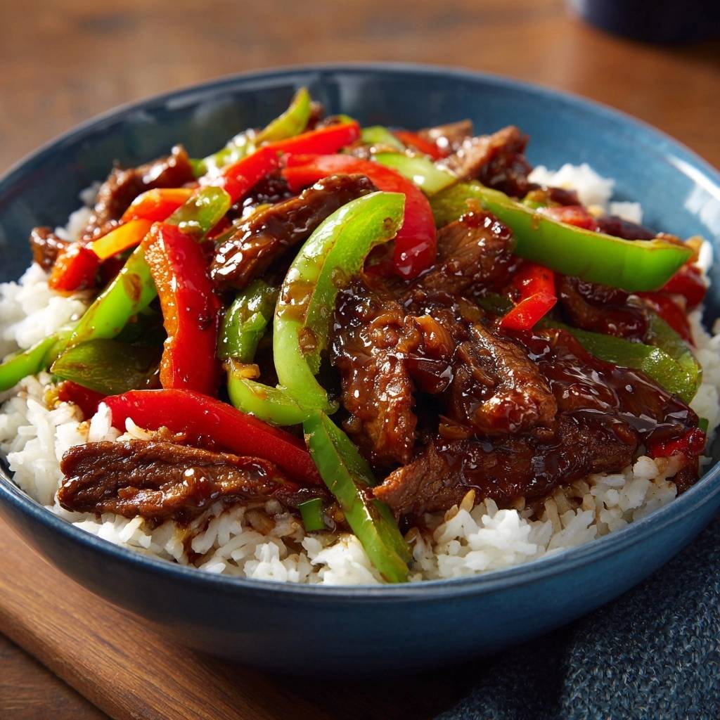 Herzhaftes Rindfleisch Stir Fry Nahaufnahme Schuessel 1 Herzhaftes Rindfleisch-Stir-Fry mit Paprika und Reis in einer blauen Schüssel, von vorne fotografiert.