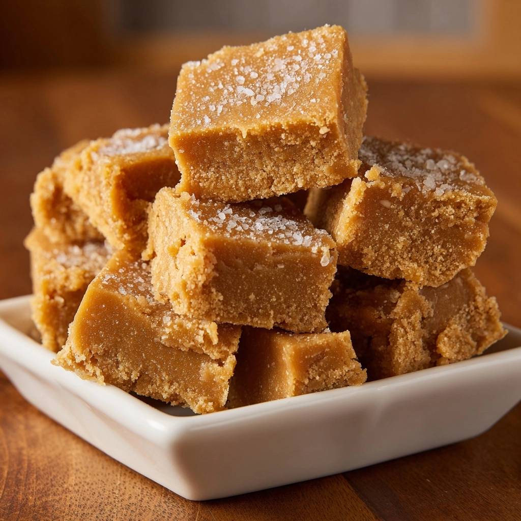 Karamell Fudge Detailaufnahme Salz 1 Cremiges Karamell-Fudge mit grobem Meersalz bestreut, detailreiche Nahaufnahme der seidig-zarten Textur.