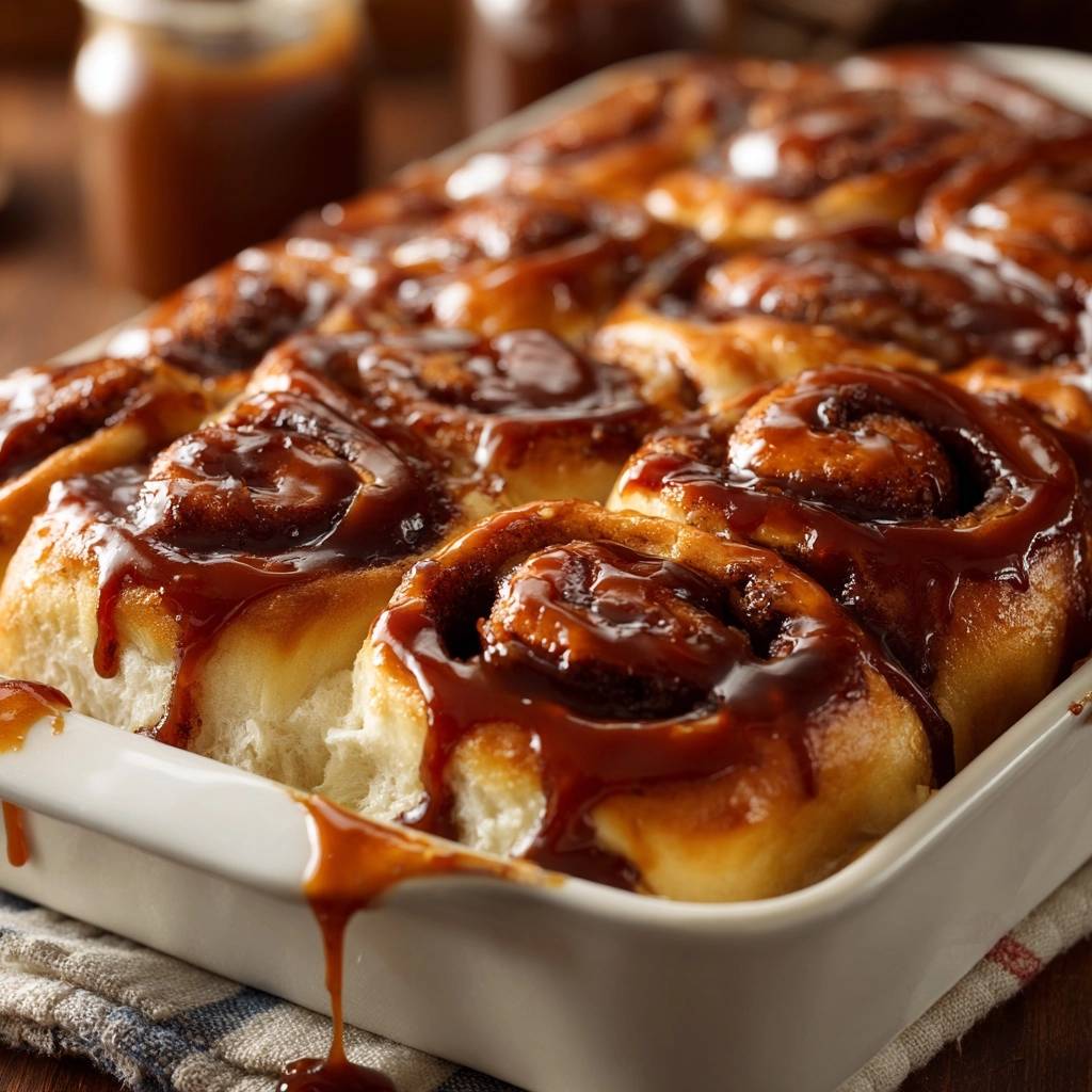 Karamell Zimtschnecken Glasur Tropft 1 Saftige Karamell-Zimtschnecken mit geschmolzener Glasur, die von den fluffigen Brötchen tropft.
