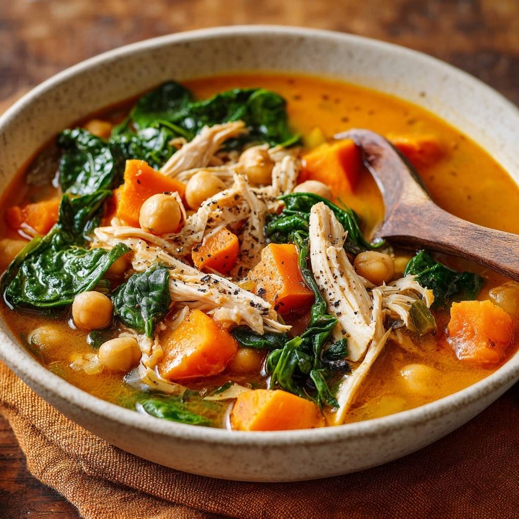 Cremiger Kichererbsen-Eintopf mit Hähnchen, Nahaufnahme mit Holzkochlöffel, der in die herzhafte Suppe taucht.