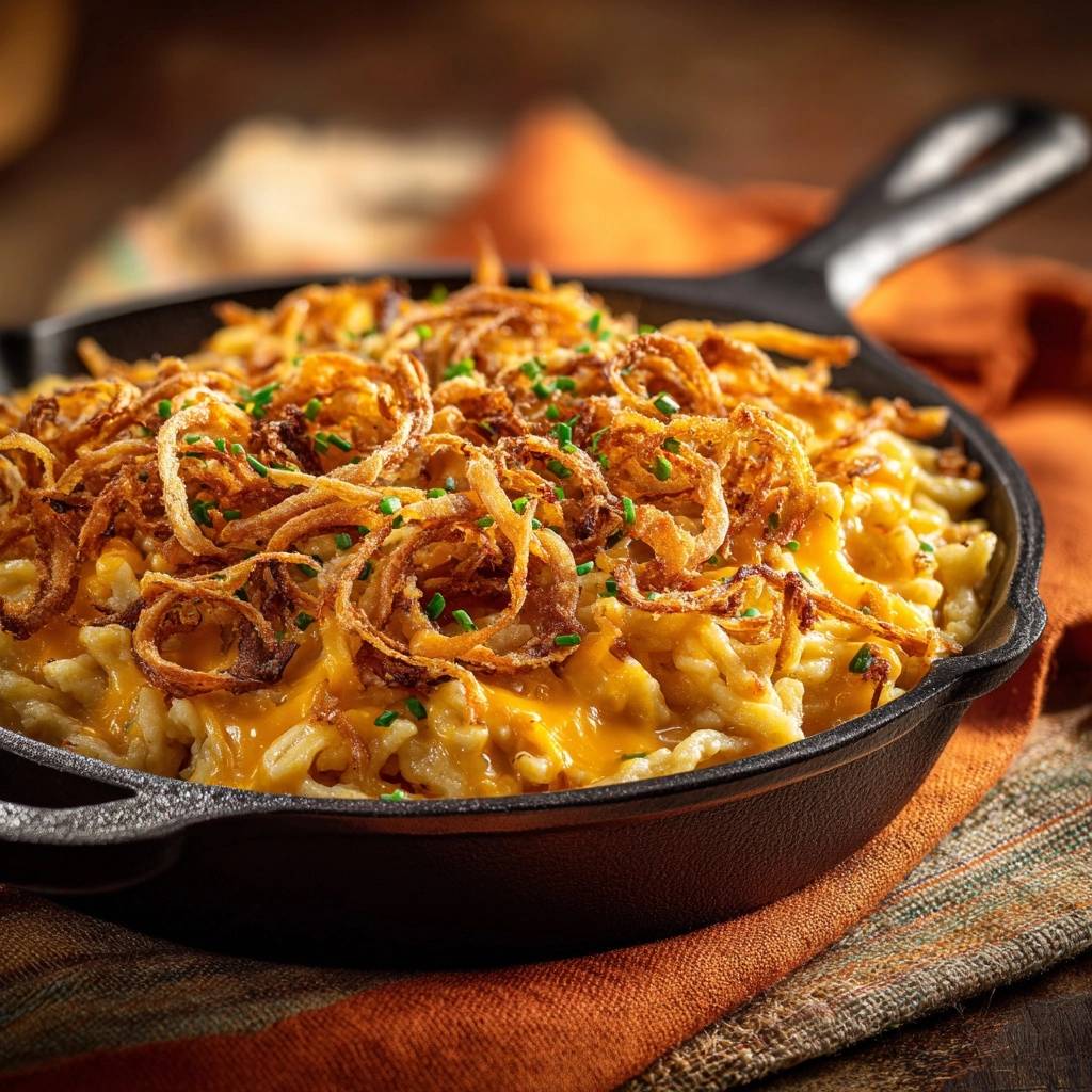Klassische Kaesepaetzle Garniert Mit Zwiebelringen 1 Klassische Allgäuer Käsespätzle, garniert mit knusprigen Röstzwiebelringen und frischen Kräutern in einer gusseisernen Pfanne.