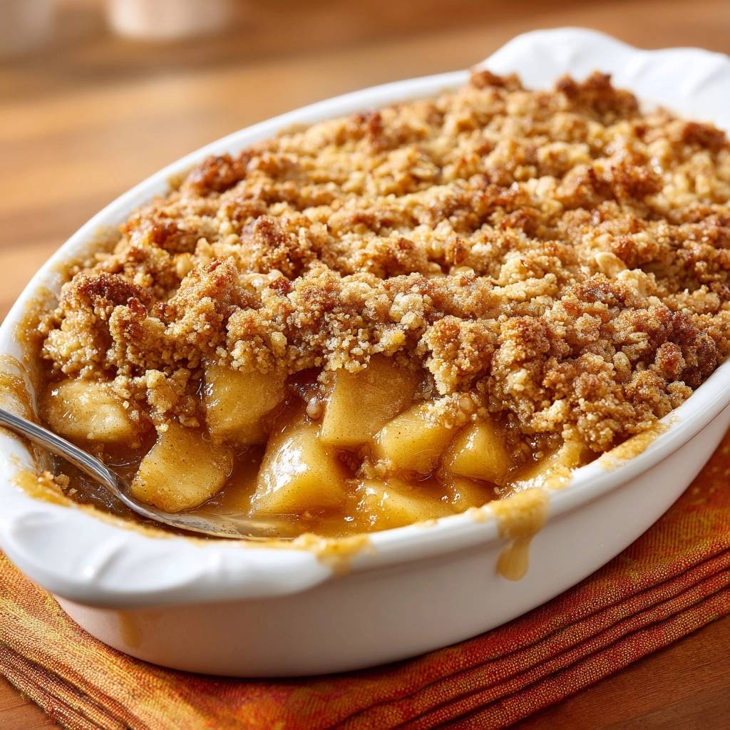 Klassischer Apfel Crumble Innenansicht Mit Loeffel 1 Klassischer Apfel-Crumble mit einem Löffel darin, der die saftige Apfelfüllung und die knusprige Kruste zeigt.