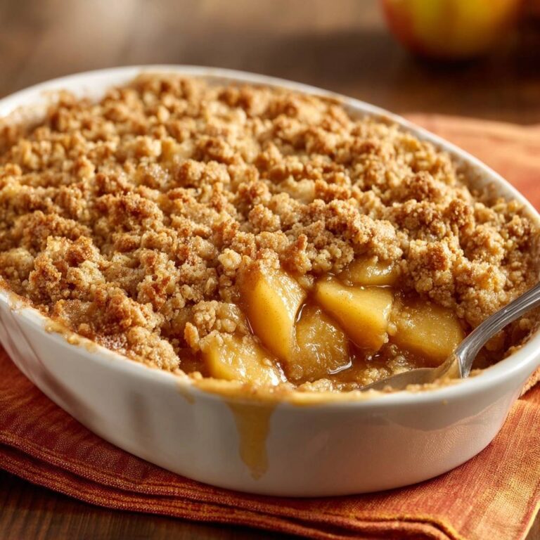 Klassischer Apfel-Crumble mit einem Löffel, der in die saftigen Äpfel und knusprige Kruste sticht.