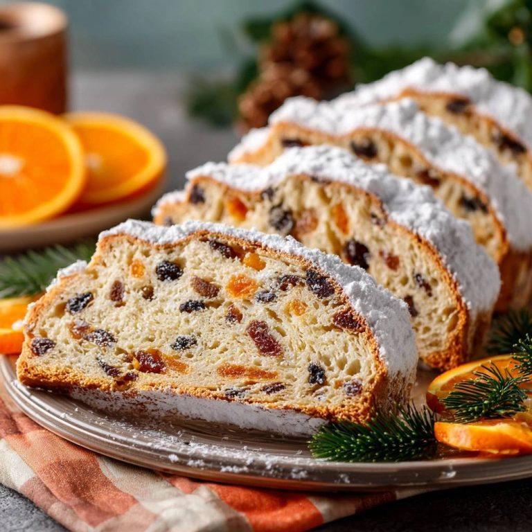 Klassischer Christstollen mit Trockenfrüchten, angeschnitten und mit Puderzucker bestäubt, auf einem Teller mit Orangenscheiben und Tannenzweigen.