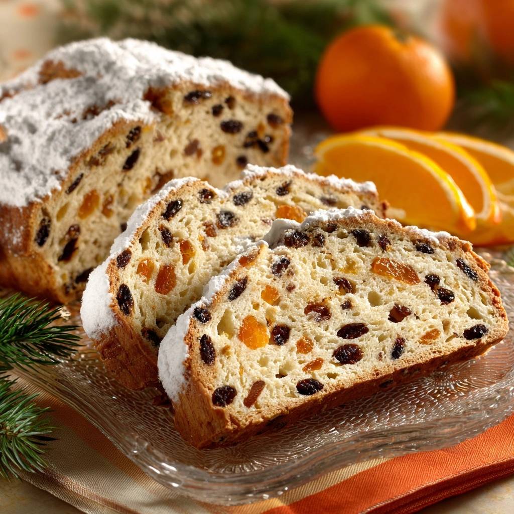 Klassischer Christstollen Angeschnitten Querschnitt 1 Klassischer Christstollen mit Trockenfrüchten, angeschnitten und von der Seite gezeigt, mit einem saftigen Querschnitt voller Rosinen und kandierter Früchte.