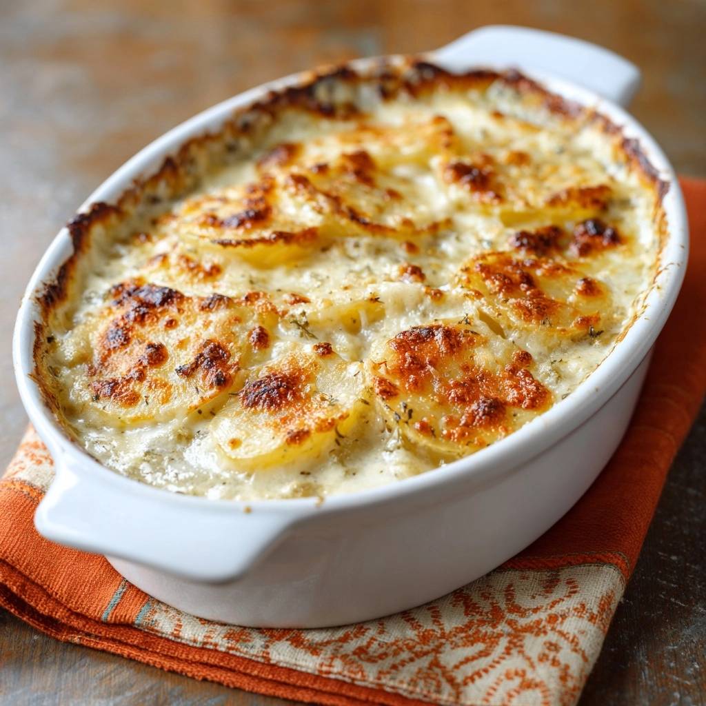 Klassisches Kartoffelgratin Nahaufnahme 1 Klassisches Kartoffelgratin in einer weißen Auflaufform, goldbraun gebacken und mit cremiger Sauce serviert.