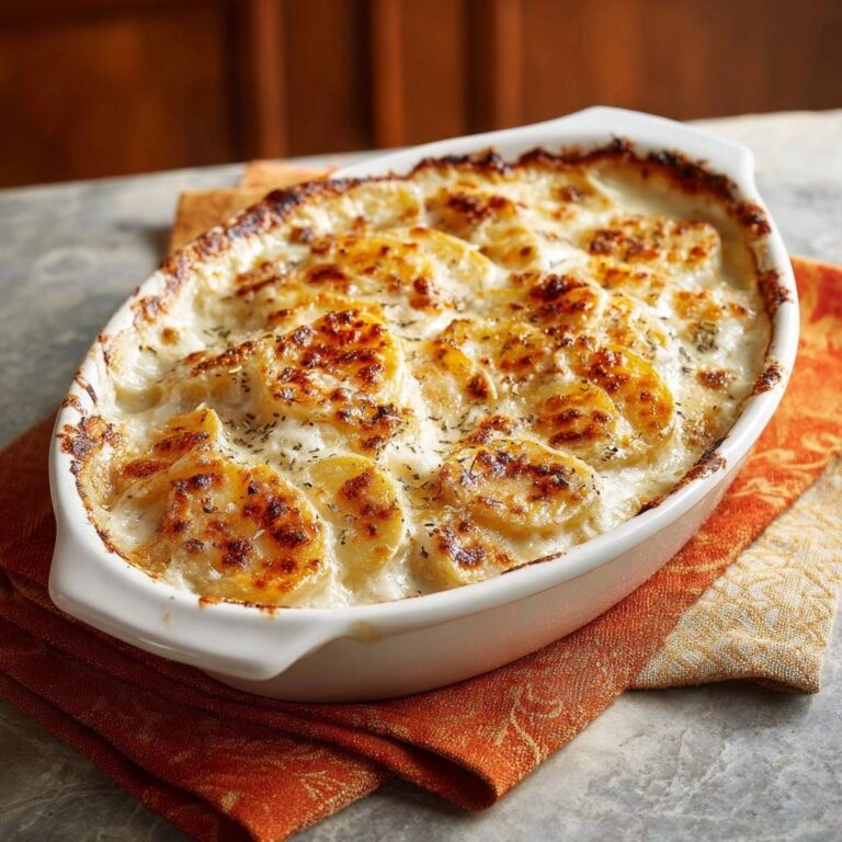 Klassisches Kartoffelgratin in einer Auflaufform mit goldbraun gebackener Kruste und cremiger Füllung.
