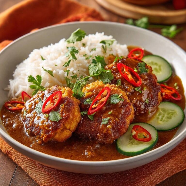 Knusprige Blumenkohl-Steaks in Erdnuss-Curry mit Reis, garniert mit Chilischeiben und Koriander, in einer Schüssel serviert.