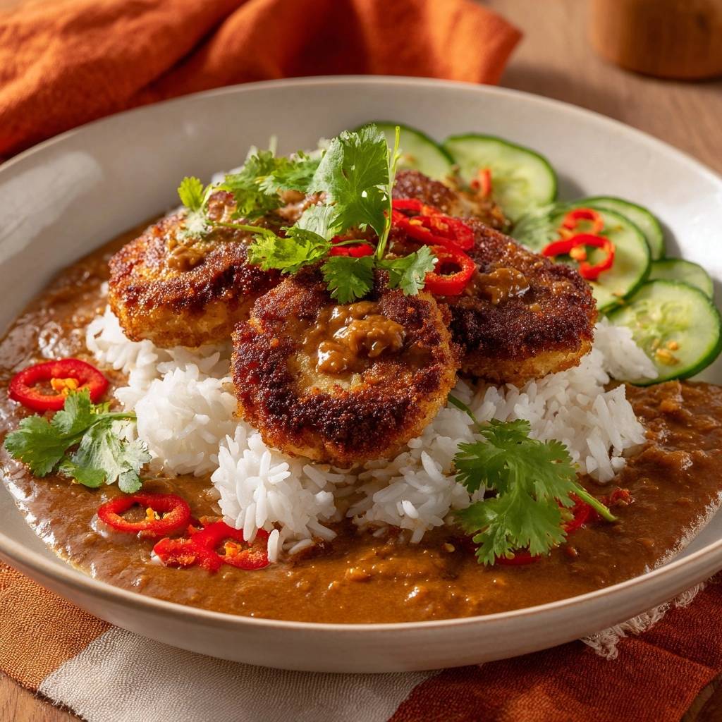 Knusprige Blumenkohl Steaks Serviert 1 Knusprige Blumenkohl-Steaks in Erdnuss-Curry, serviert mit Reis, Gurke und Koriander garniert.