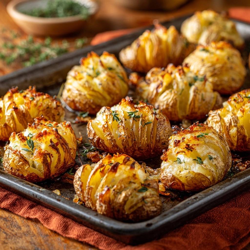 Knusprige Hasselback-Kartoffeln vom Blech, detailnah mit frischen Kräutern garniert und goldbraun gebacken.