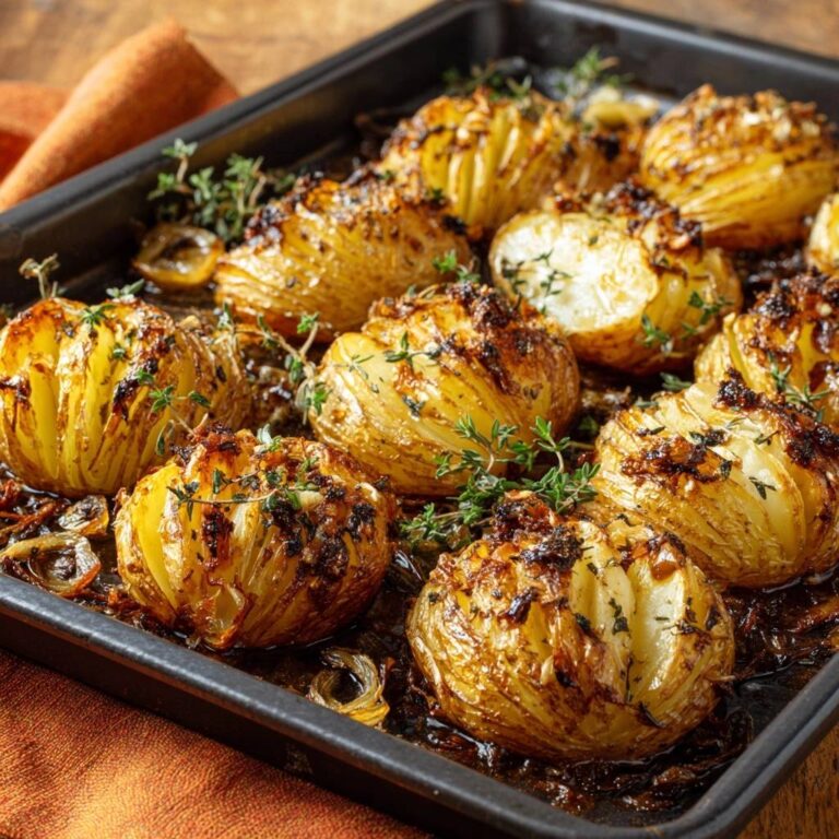 Knusprige Hasselback-Kartoffeln vom Blech, garniert mit frischen Kräutern und gebräunter Kruste, detailnah aufgenommen.