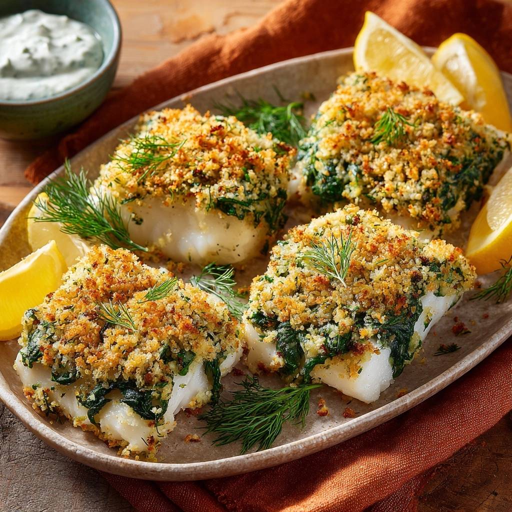 Knuspriger Kabeljau Mit Kraeuterkruste Detail Garniert 1 Knuspriger Kabeljau mit Kräuterkruste, serviert mit Zitronenspalten und garniert mit frischem Dill.