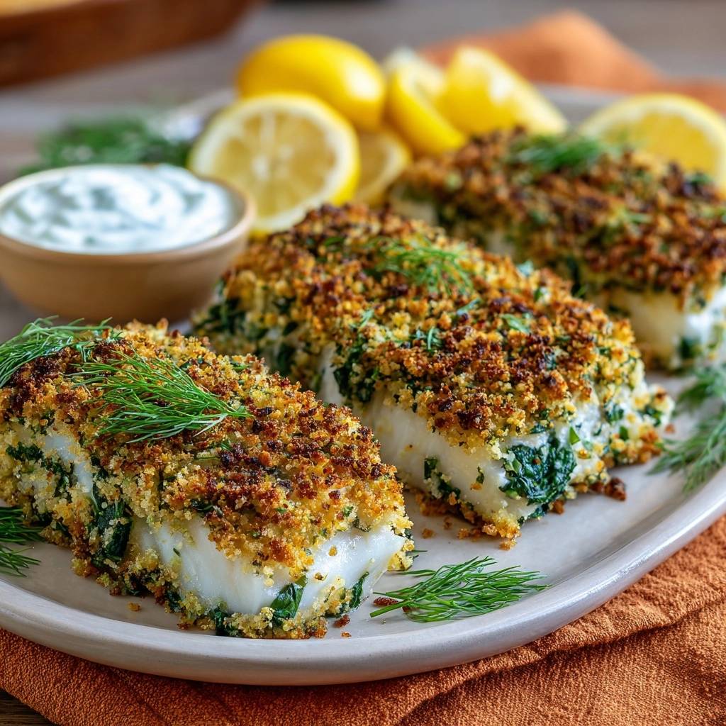 Knuspriger Kabeljau mit Kräuterkruste, nahaufnahme der panierten Fischfilets mit Dill und Zitronenspalten.
